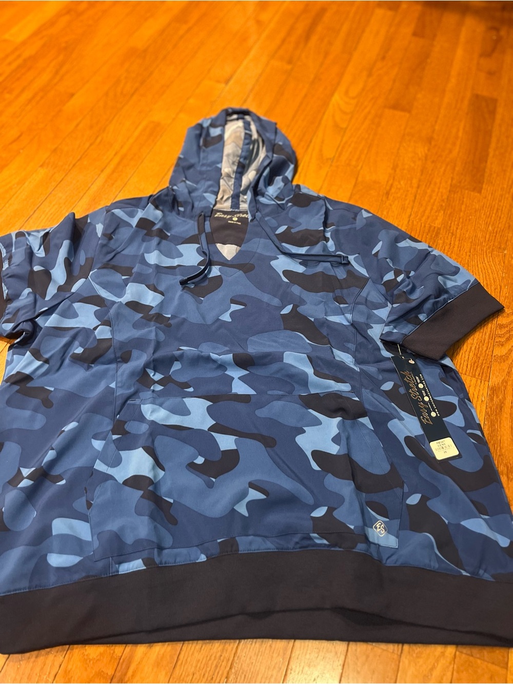 Men's Blue Camouflage Short-Sleeve Hooded Pullover